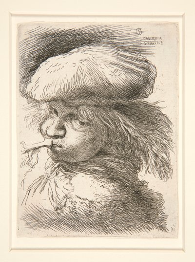 Trompet Üfleyen Genç Adam, Les petites tetes d dizisinden by Giovanni Benedetto Castiglione