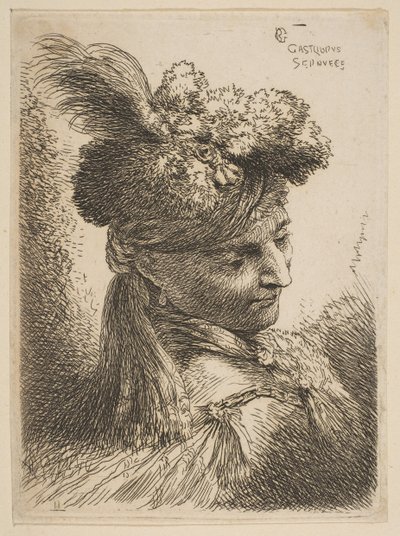 Üç çeyreğe bakan, tüylü, mücevherli bir kürk başlık takan genç adam..., yakl. 1645-50. by Giovanni Benedetto Castiglione