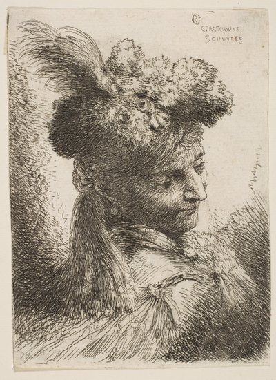 Üç çeyreğe bakan, tüylü bir kürk başlık takan genç adam, mücevher ..., yakl. 1645-1650. by Giovanni Benedetto Castiglione