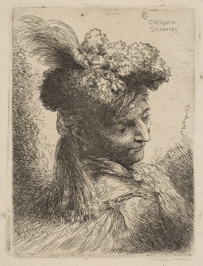 Üç çeyreğe bakan, tüylü, mücevherli bir kürk başlık takan genç adam..., yakl. 1645-50. by Giovanni Benedetto Castiglione