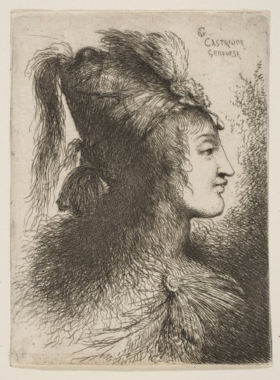 Küçük Başlar dizisinden, yüzü sağa dönük, tüylü bir sarık takan genç adam ..., yakl. 1645-1650. by Giovanni Benedetto Castiglione