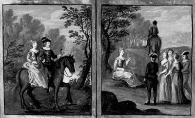 Decameron, Madam Oretta bir atlıyla gezmeyi kabul eder; Oretta attan iner. Altıncı Gün, kısa öykü 1 by Giovanni Boccaccio