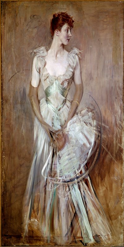 Güzel dönem: “” Leusse nee Berthier Kontesi Portresi””” Zarif beyaz gece elbiseli kadın. Giovanni Boldini (1842-1931) Sun tarafından tablo. 200x105 cm Pistoia, Boldini Koleksiyonu by Giovanni Boldini