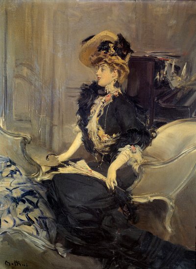 Belle Epoque: “”ziyaret””” Abiye elbiseli zarif genç kadın. Giovanni Boldini