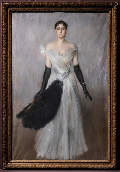 Eldivenli ve fanlı beyazlı bir bayanın portresi by Giovanni Boldini