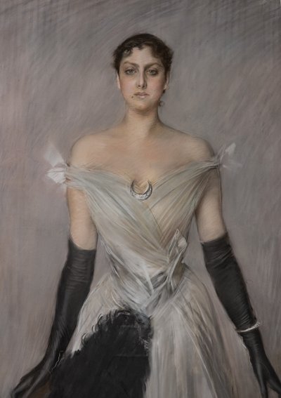 Eldivenli ve fanlı beyazlı bir bayanın portresi, detay by Giovanni Boldini
