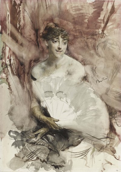 Bir tiyatro kutusunda oturan yelpazeli kadın Rasti Kontesi, yaklaşık 1878 by Giovanni Boldini