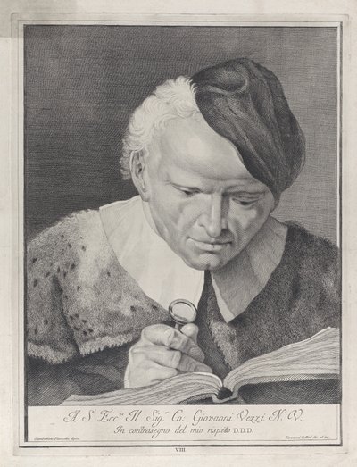 Şapkalı adam büyüteçle kitap okuyor, 1743. by Giovanni Cattini