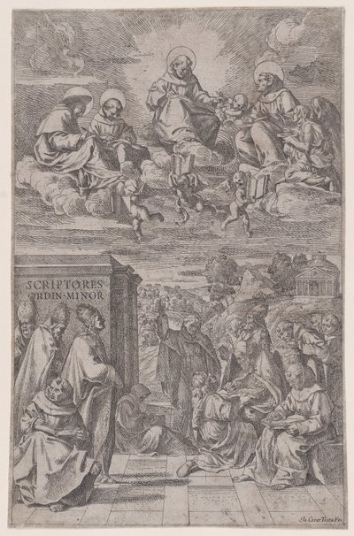 Din adamları bir manzara yazısında, diğerleri yukarıdaki göksel alemde, c1650. by Giovanni Cesare Testa