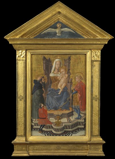 Bakire ve Çocuk Enthroned, Aziz Anthony Abbot ve Julian ve Donör ile (yukarıdaki alınlık - Kutsal Ruh), c.1430 (panelde sıcaklık) by Giovanni Di Ser Giovanni Lo Sheggia (attr. to) Guidi
