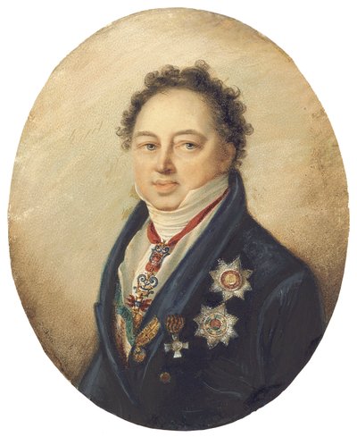 Kont Dmitry Pavlovich Tatishchev, yüzü sola dönük, mavi ceketli, beyaz yelekli ve eşofmanlı by Giovanni Domenico Bossi