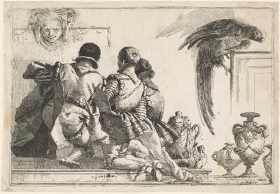 Diz çökmüş sayfalar, bir maske ve bir papağan by Giovanni Domenico Tiepolo