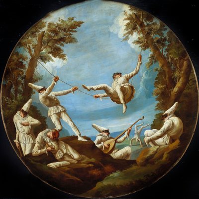 Salıncakta Punchinellos, Müzik Yapmak ve Manzarada Akrobasi Yapmak by Giovanni Domenico Tiepolo
