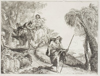 Orman Yolundan İnen Kutsal Aile, Bir Sürü ve Bazı Çobanların Yanında, Mısır'a Uçuştan 21. plaka by Giovanni Domenico Tiepolo