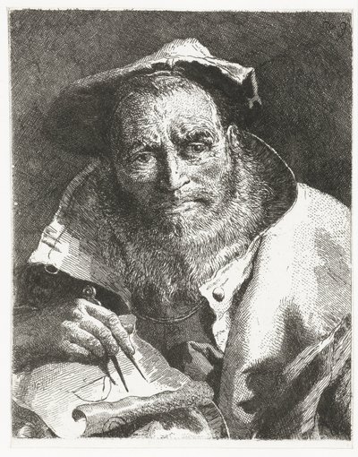 Başında bere ve elinde pusula olan bilim adamı Kafaların toplanması (dizi başlığı) Raccolta di Teste (dizi adı) by Giovanni Domenico Tiepolo
