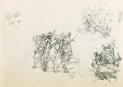 Asker grupları için üç eskiz (kara kalem) by Giovanni Fattori