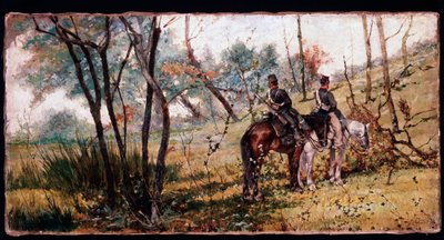 Ağaçların altında binen iki asker (İki atlı kız) - Resim by Giovanni Fattori