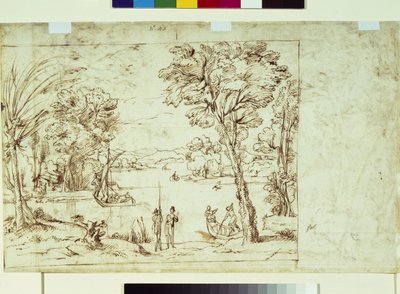 Nehir kıyısındaki figürlerle manzara (kağıt üzerinde kalem ve mürekkep) by Giovanni Francesco Grimaldi