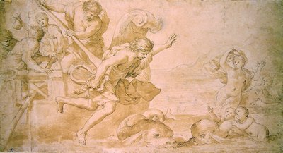Arion ve Yunuslar (kalem ve kahverengi mürekkep ve kağıt üzerinde yıkama) by Giovanni Francesco Romanelli