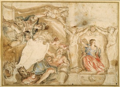 Kavisli tavanın bir köşesi için alegorik dekorasyon (kağıt üzerine tebeşir üzerine sulu boya ve guaj boya ile kalem ve mürekkep) by Giovanni Francesco Romanelli