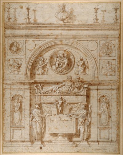 Etrüsk tarzında bir duvar mezarı tasarımı (kağıt üzerinde kalem ve mürekkep) by Giovanni Francesco (c.1488 1528) Penni
