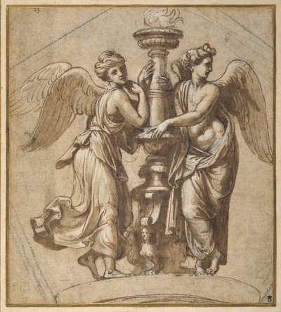 Şamdan kucaklayan zaferler (kalem ve kağıt üzerinde siyah tebeşir ile kahverengi mürekkep) by Giovanni Francesco (c.1488 1528) Penni