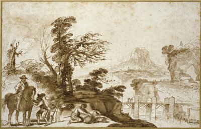 Bir Süvari ve Köprü ile manzara (beyaz kağıda biraz siyah tebeşirle kahverengi mürekkeple kalem ve yıkama) by Giovanni Francesco Barbieri