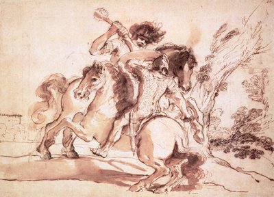 Dövüşen İki Atlı (kalem ve mürekkep ve kağıt üzerinde yıkama) by Giovanni Francesco Barbieri
