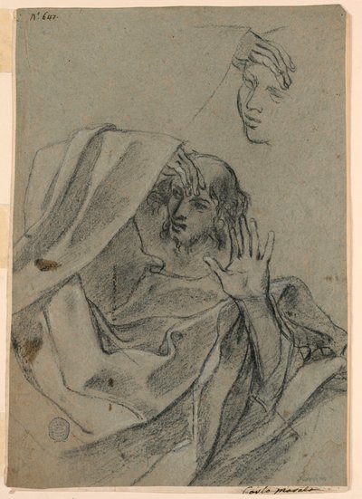Kadın Yüzü ve Erkeği Yatarak, Sağ El Önkol ile Çizim Çalışmaları by Giovanni Francesco Barbieri