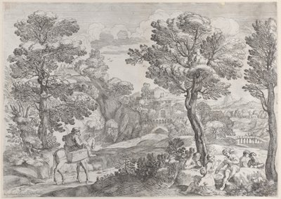 Sağda kağıt oynayan bir grup insan ve solda atlı bir adam, 1626-80. by Giovanni Francesco Grimaldi