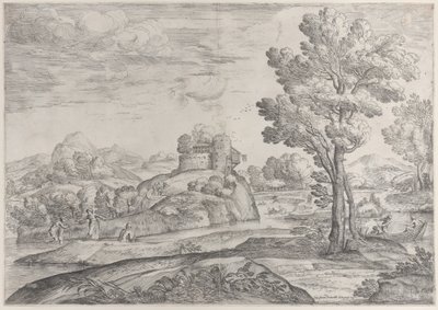 Merkezde yuvarlak bir kayanın üzerinde bir ev, nehirde ve kanodaki insanlar, 1626-80. by Giovanni Francesco Grimaldi