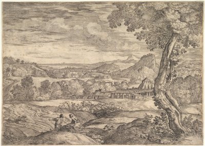 Orta zeminde bir tuğla fabrikası ile manzara, ön planda duran bir adam s..., 1626-80. by Giovanni Francesco Grimaldi