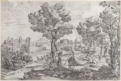 Dehşete kapılmış bir çocuğa yılan tutan bir adamla manzara, modaya uygun bir dre tarafından izleniyor..., 1626-80. by Giovanni Francesco Grimaldi