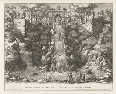 Villa d'Este te Tivoli'de şelale Bahçe planında organın altındaki şelalenin görünümü (nesne üzerindeki başlık) Tivoli'deki Estense bahçesinin çeşmeleri (seri başlığı) Fonteinen in de tuinen van Villa d'Este te Tivoli (dizi adı) by Giovanni Francesco Venturini