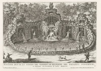 Fontana dell'Aquilone in de Vaticaanse tuinen Papalık Sarayı'ndaki Belvedere bahçesindeki kaya olarak bilinen Çeşme (...) (nesne üzerindeki başlık) Roma saray ve bahçelerindeki çeşmeler (dizi başlığı) Fonteinen in de paleizen en tuinen van Roma (di by Giovanni Francesco Venturini