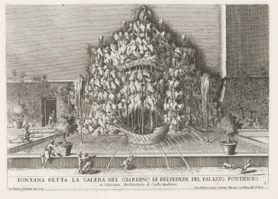 Fontana della Galera in de Vaticaanse tuinen Papalık Sarayı'nın Belvedere bahçesinde kadırga olarak bilinen Çeşme (...) (nesne üzerindeki başlık) Roma saray ve bahçelerindeki çeşmeler (dizi başlığı) Fonteinen in de paleizen en tuinen van Roma ( dizi by Giovanni Francesco Venturini