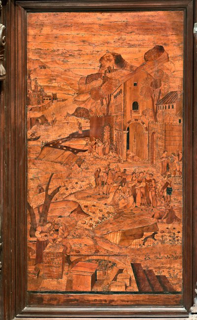 Cenova, Duomo (Aziz Lawrence Katedrali), içeride, apsis, koro, Kuzey tarafı: "Musa sulardan kurtarıldı", Giovanni Francesco Zambelli tarafından ahşap kakma (XVI. yüzyıl) by Giovanni Francesco Zambelli