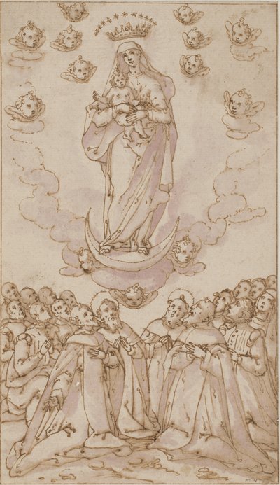 Bir hilalde Madonna ve Çocuk bir grup aziz, rahip ve meslekten olmayan kişiye görünüyor by Giovanni Guerra