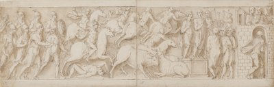 Romalı okçular(?), Romalı saldırı (XCIX); Marcus Aurelius muhafızlarına sesleniyor (C); Marcus Aurelius bir uyarı alıyor (CI) by Giovanni Guerra