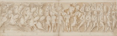 Roma süvarileri (LXV); kopmuş bir kafa (Guerra tarafından mahkum olarak yorumlanır) ve bir Alman mahkum imparatorun (LXVI) önüne getirilir; İlerleyen Romalılar (LXVII) by Giovanni Guerra