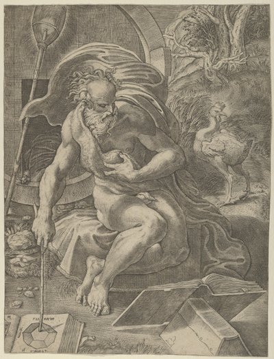 Diogenes namlusunu arkasına alarak oturmuş ve elinde sopayla kitap okumaktadır..., yakl. 1526-27. by Giovanni Jacopo Caraglio