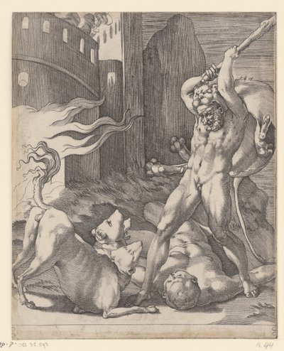 Herkül Cerberus ile savaşır Herkül ile Sahneler (dizi başlığı) by Giovanni Jacopo Caraglio