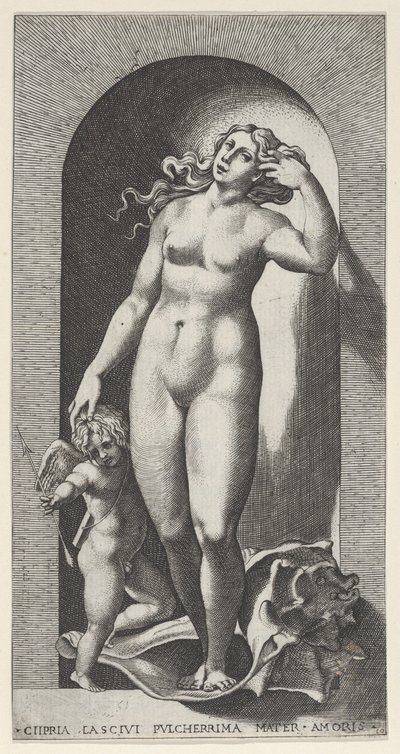 Levha 10: Bir niş içinde Venüs, bir deniz kabuğu üzerinde duran, sağında Cupid ile, bir hizmetten..., 1526. by Giovanni Jacopo Caraglio