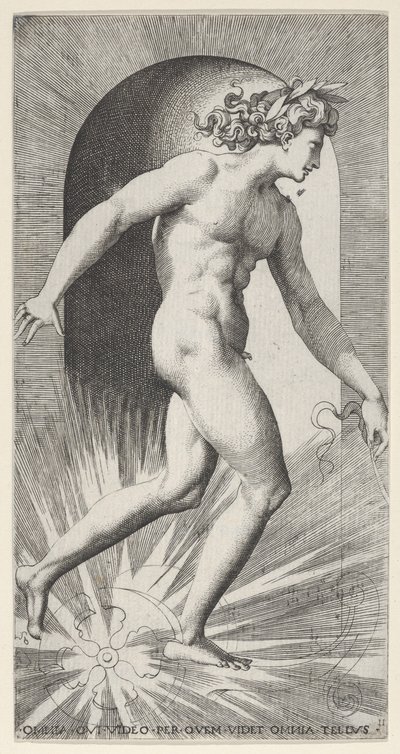 Levha 11: Apollo, bir dizi mitolojik eserden bir niş içinde arabasını sürüyor, sağa bakıyor..., 1526. by Giovanni Jacopo Caraglio