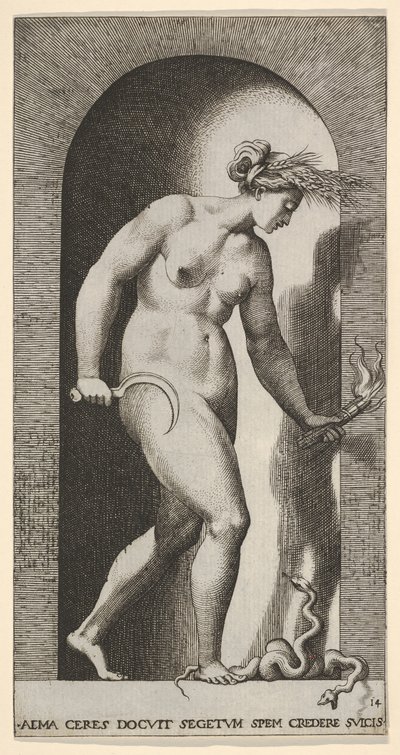Levha 14: Ceres bir niş içinde, sağa dönük, iki başlı yılanın üzerinde duran ve elinde bir h..., 1526. by Giovanni Jacopo Caraglio