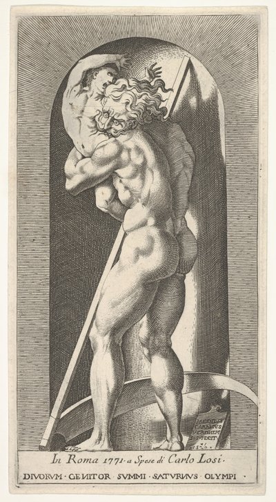 Levha 1: Bir niş içinde Satürn, oğlunu yiyip bitiren, bir tırpanın önünde duran, bir dizi m..., 1526. by Giovanni Jacopo Caraglio