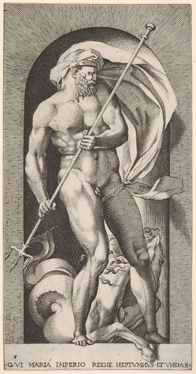 Levha 5: Bir niş içinde duran Neptün, bir trident tutan bir hipokampus denizatı beh..., 1526. by Giovanni Jacopo Caraglio