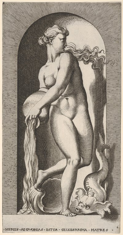 Levha 6: Bir niş içinde deniz kabuğu ve deniz canlısı ile duran Thetis, bir ..., 1526. by Giovanni Jacopo Caraglio