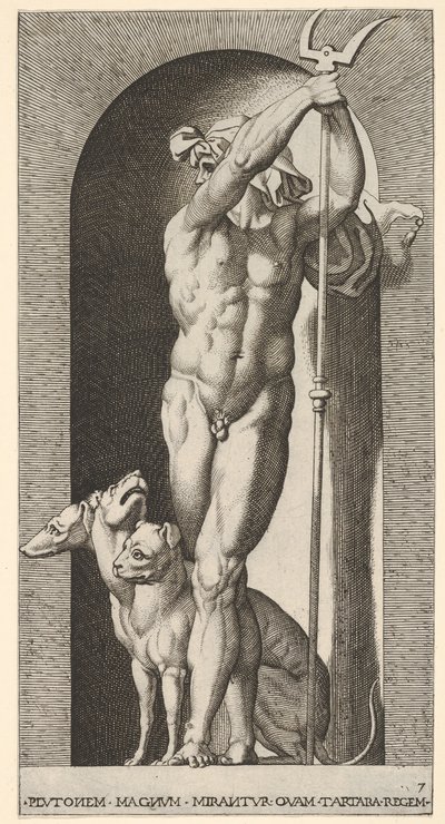 Levha 7: Bir niş içinde Plüton, bir bident tutan, yanında Cerberus ile, bir dizi m..., 1526. by Giovanni Jacopo Caraglio