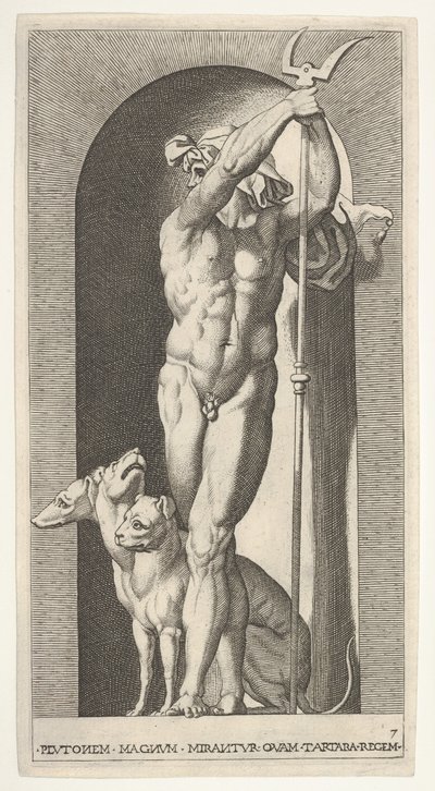 Levha 7: Bir niş içinde Plüton, bir bident tutan, yanında Cerberus ile, bir dizi m..., 1526. by Giovanni Jacopo Caraglio